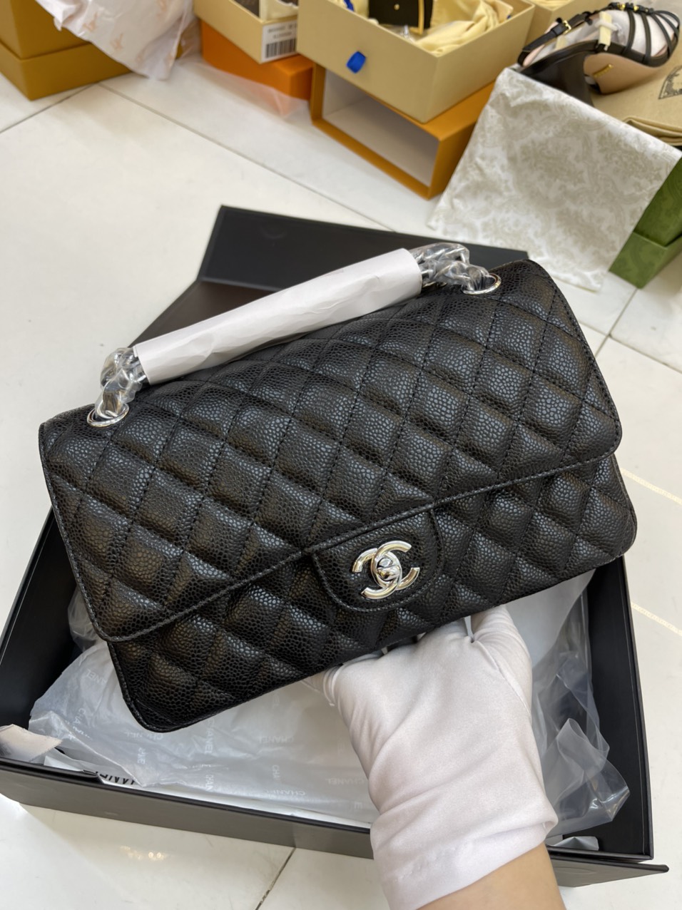Túi Xách Chanel Super Classic Da Hạt Khóa Bạc 25CM